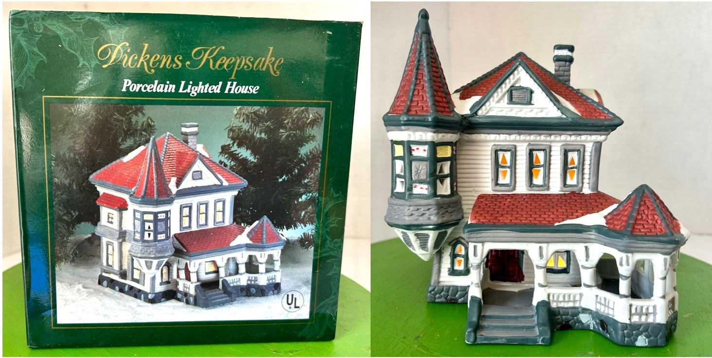 Dickens Keepsake Porcelain Lighted House w/porch & turret EXCELLENT condition!