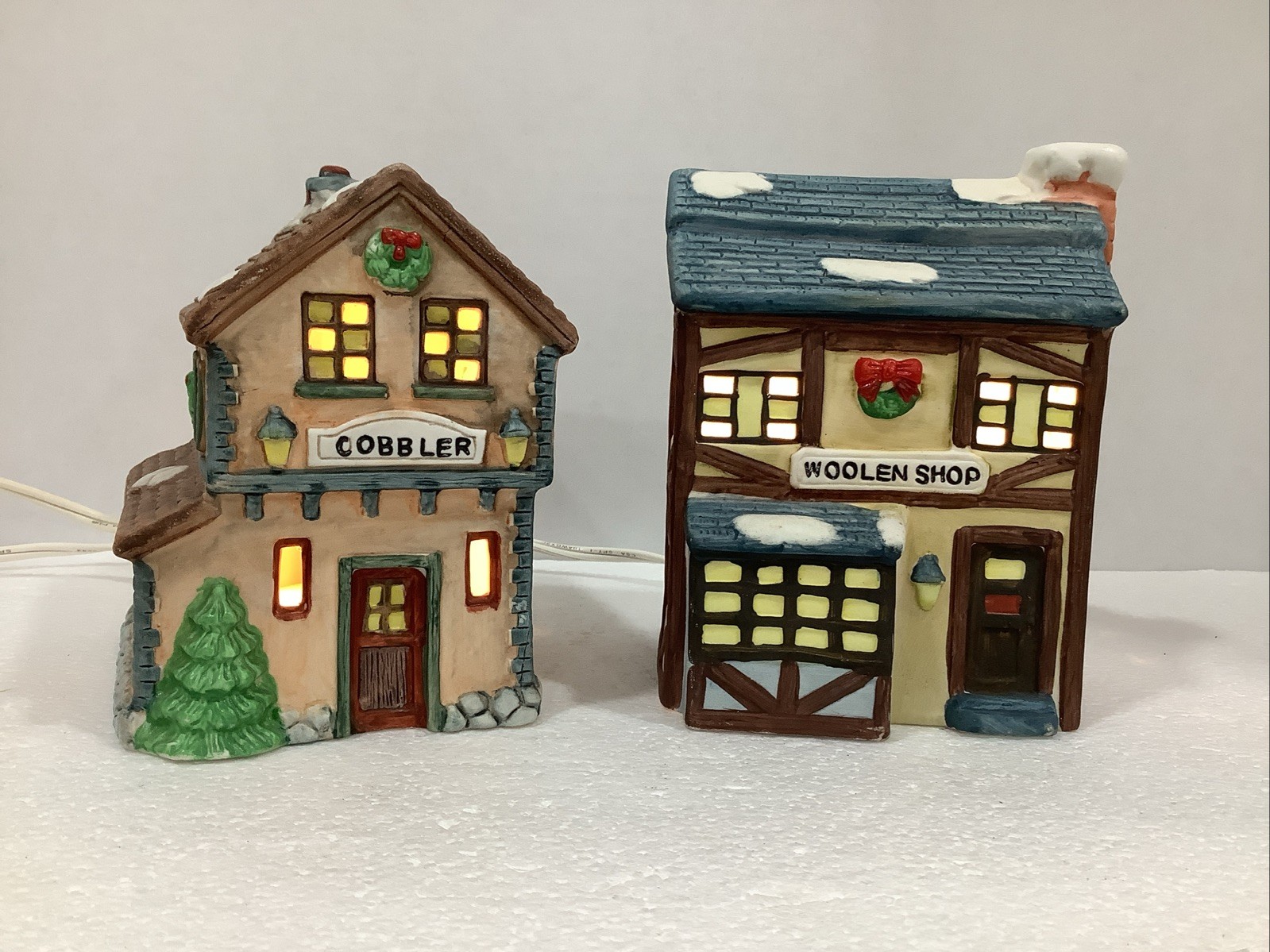 Americana Porcelain Collectible “Cobbler” & “Woolen” Shop Illuminated Houses