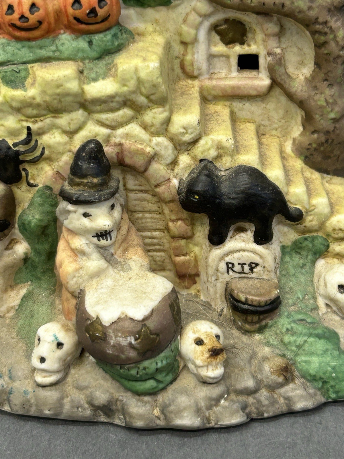Vintage Spooky House 7.5” Ghosts Witch Skulls Pumpkins