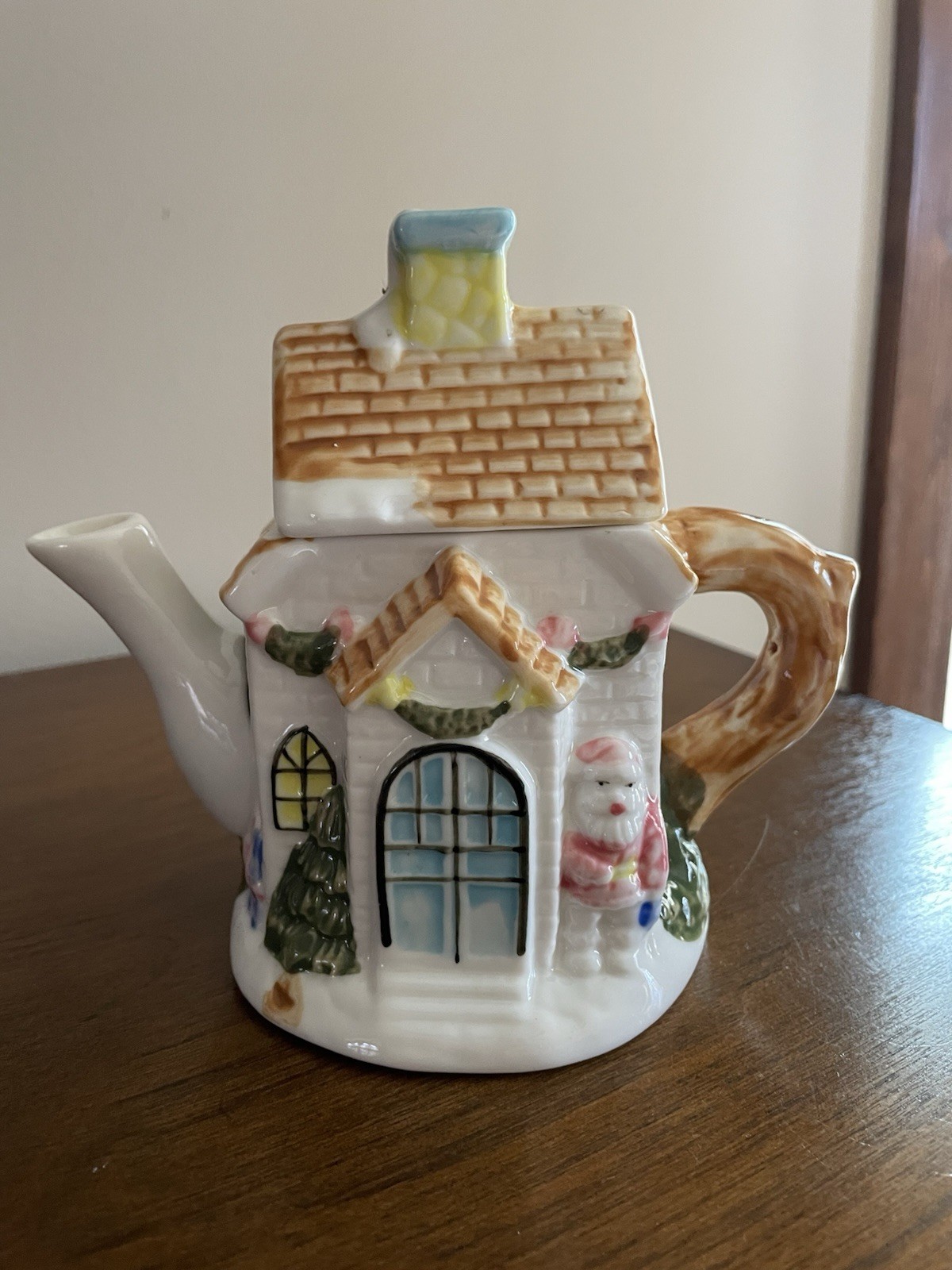 Vintage Houston Harvest Teapot Ceramic Christmas White Brick Cottage Santa 6″