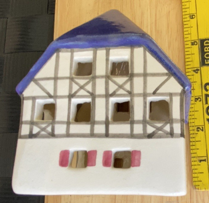 Set of 3 Vintage Ursula Leyk Tea Light Cottages`w/Blue Roofs~Dated 1985 and 1988