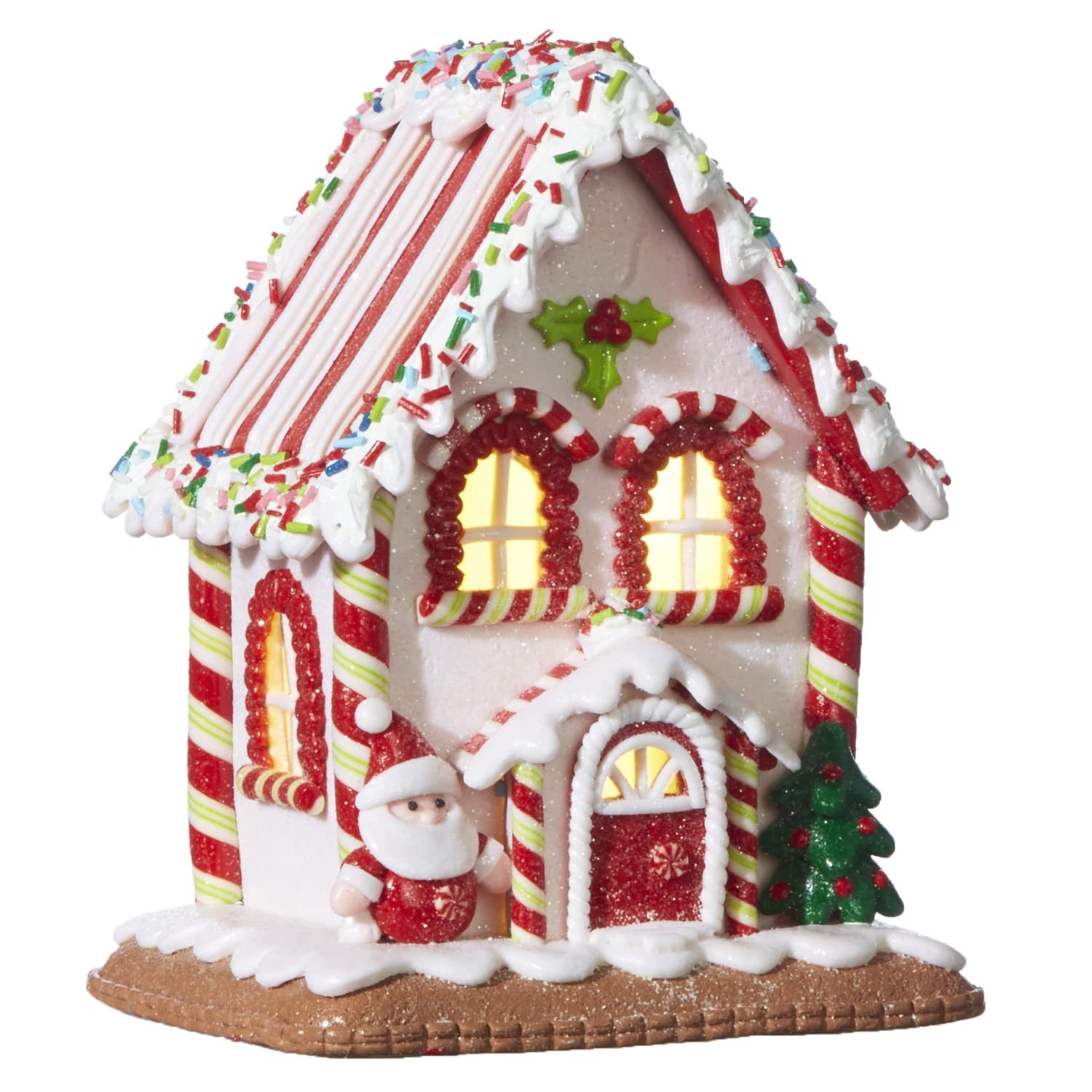 7-Inch Light Up White Faux Gingerbread House w/Peppermint Candy, Sprinkles – Dec