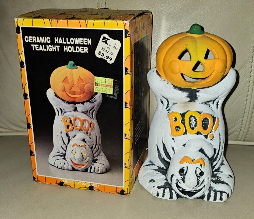 Vintage Halloween Ghost Jack O Lantern Ceramic Votive Candle Holder 7½” Taiwan