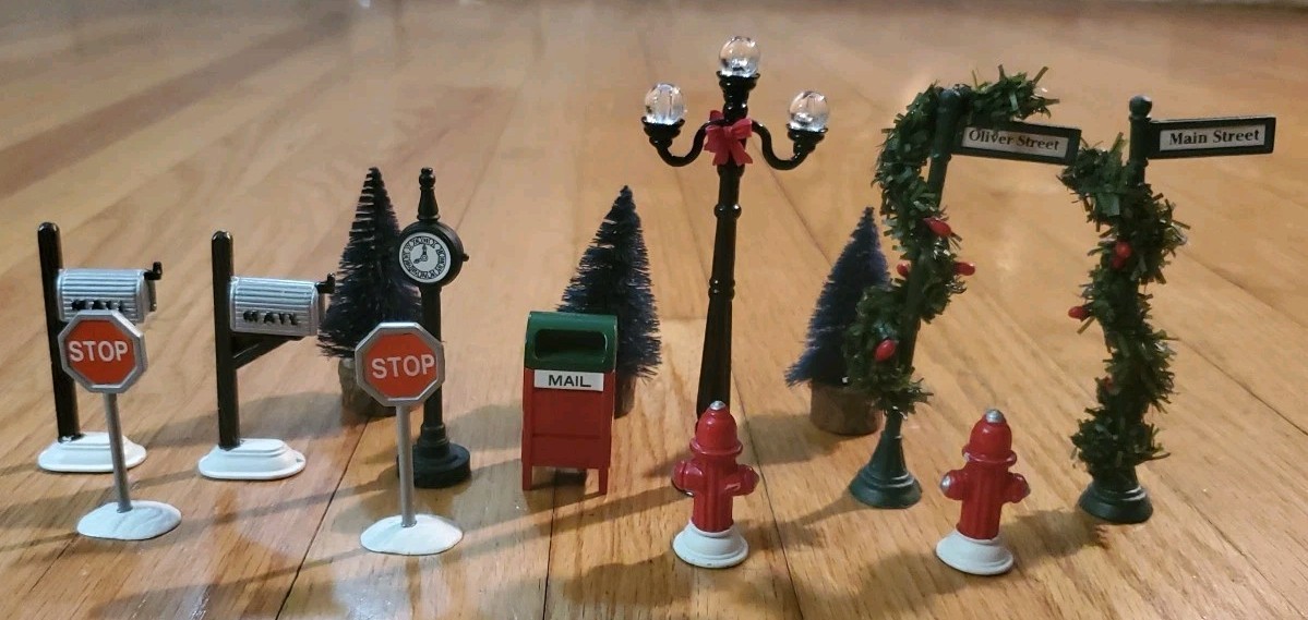 Vintage Christmas Village Decor Dept 56 and Other Mail Box Street Lamp Road Sign