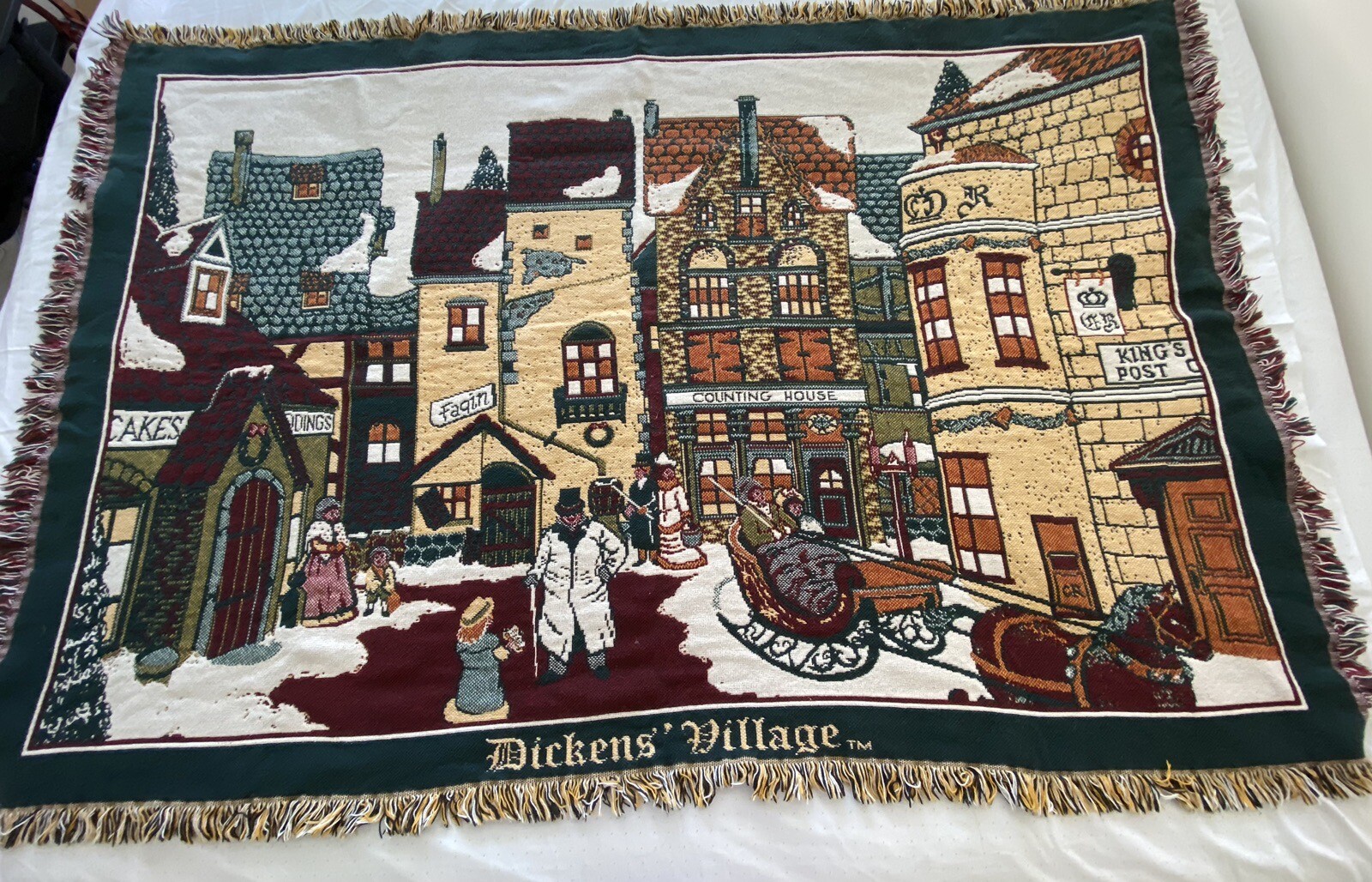 Dept 56 Dickens Village Throw Blanket Woven Tapestry Cotton 67″x44″ Made in USA