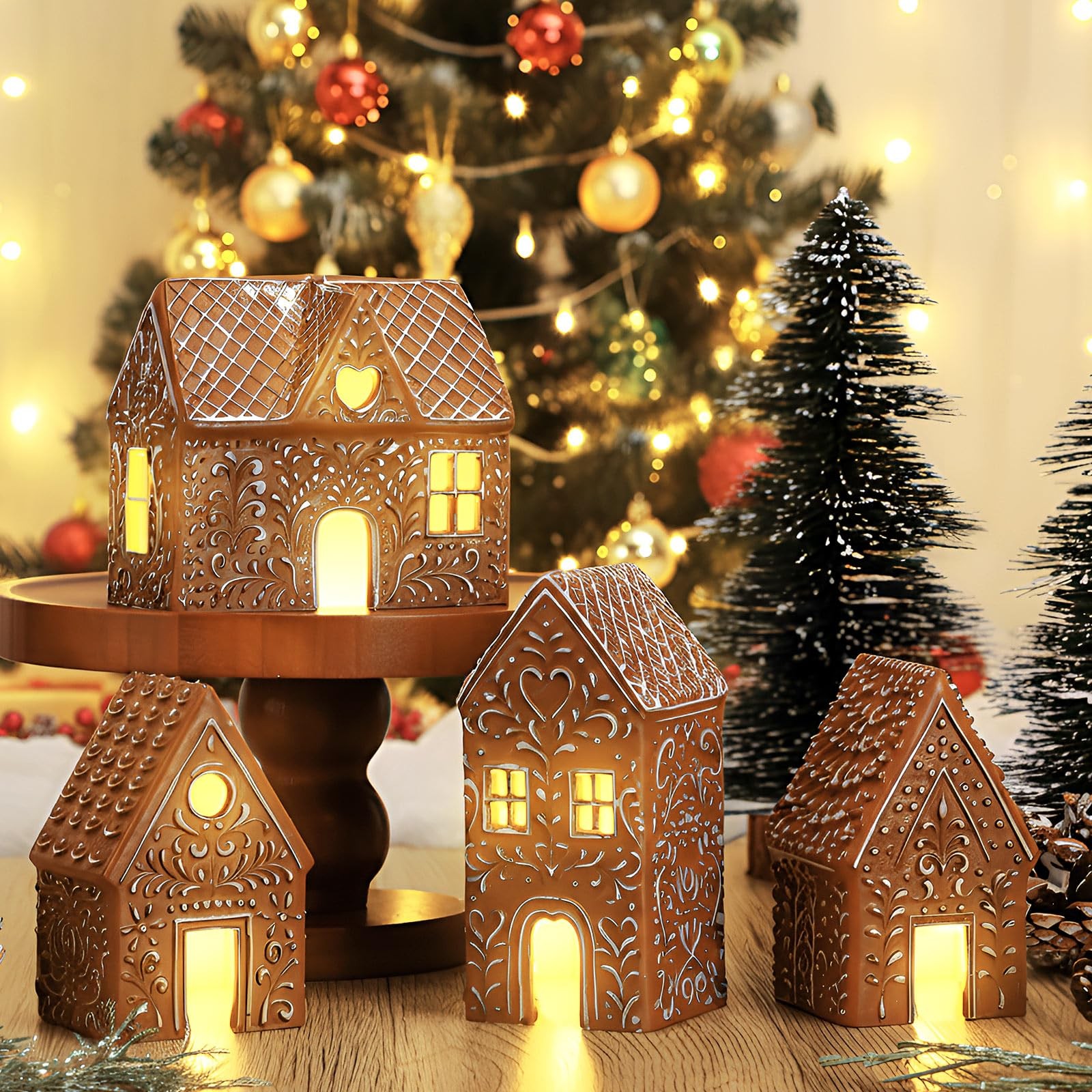 4 Pcs Christmas Lighted Gingerbread House Decoration Resin House Village Figu…