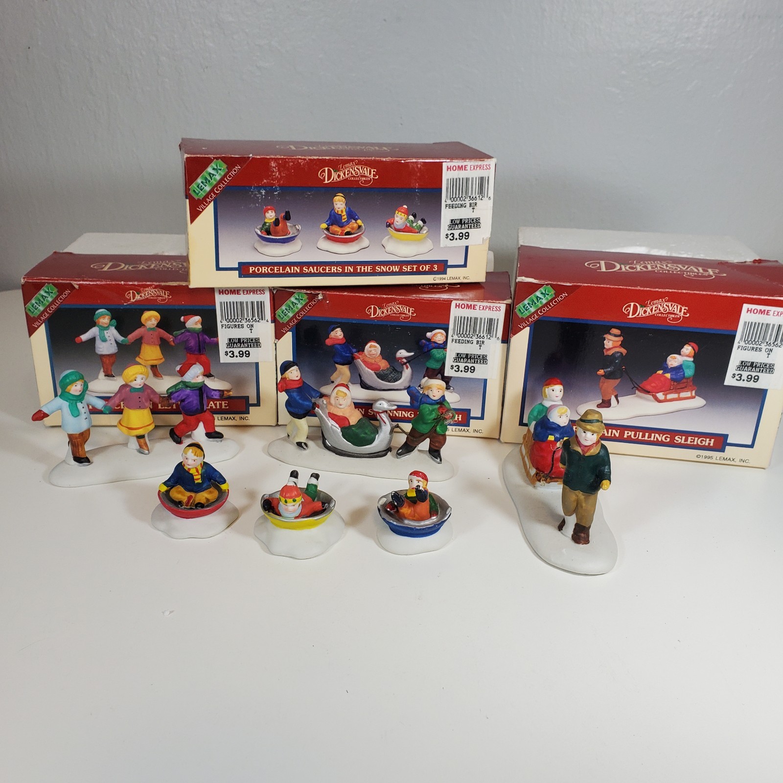 Lot 4 Lemax Christmas Village Porcelain Figurines Children Skate Sleigh Saucers