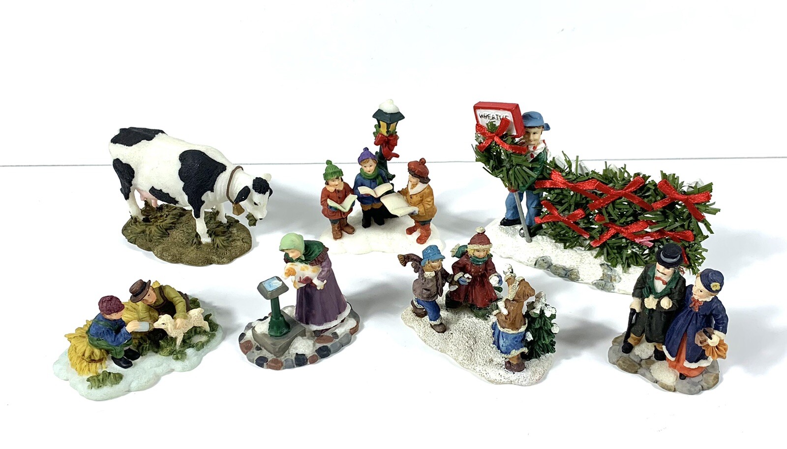 Lot of 7 O’Well, Lemax Christmas Village Figurines, Cow Lamb Carolers Snowball