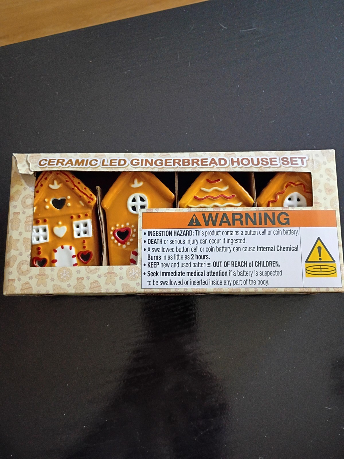 Ceramic Holiday LED Lit Gingerbread Festive Village Houses 4″ Set of 4 – NIB