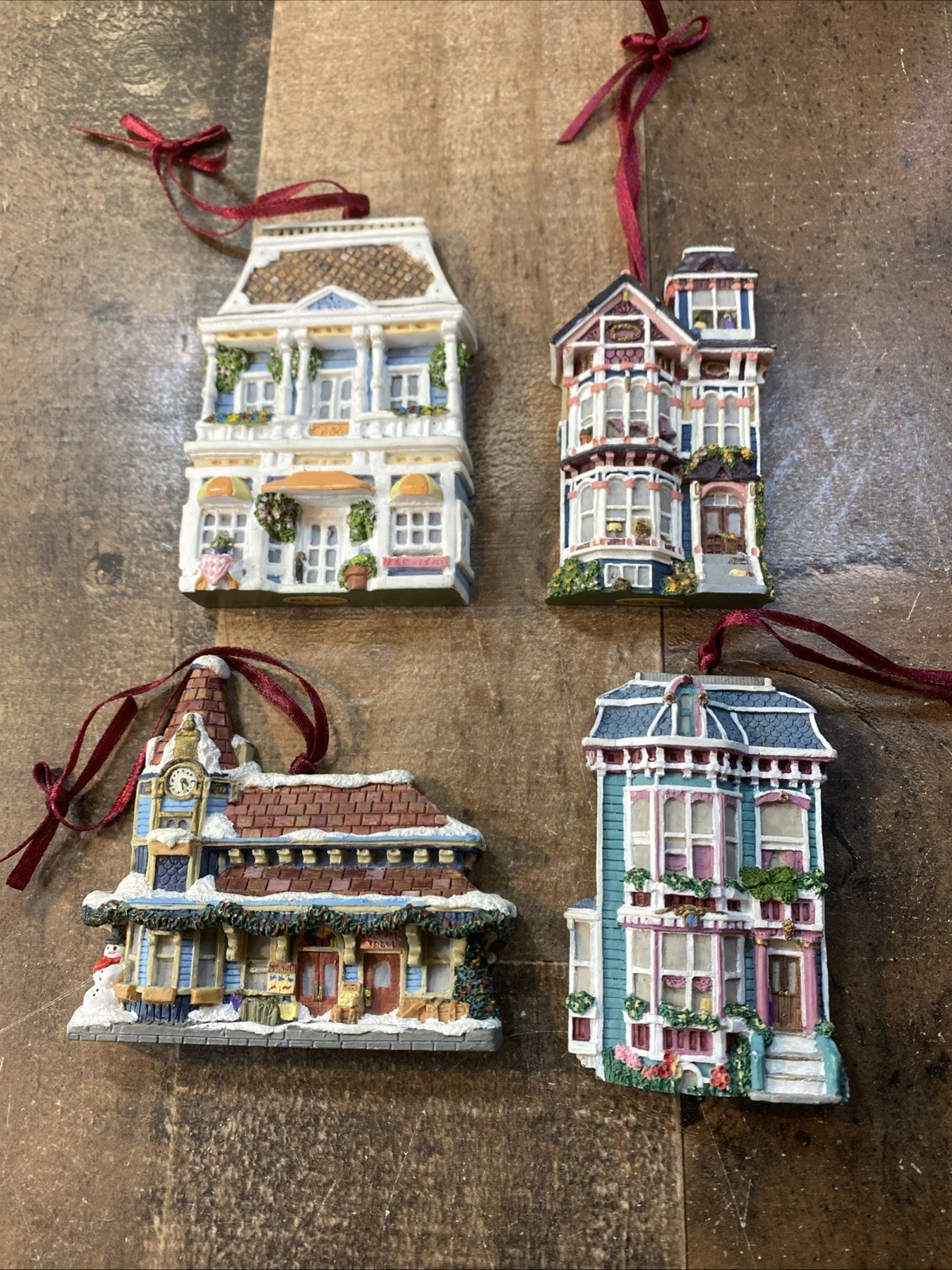 Set of 4 Vintage Victorian House 3D Ornaments Wall Hanging Hand Painted Resin