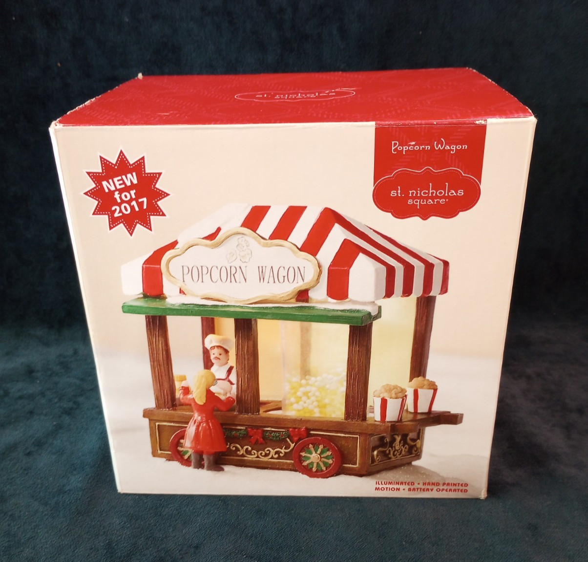 St Nicholas Square Popcorn Wagon w/ Light Moving Popping Corn Christmas Village
