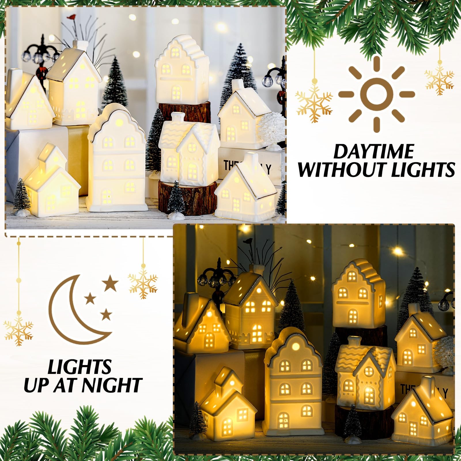 28 Pcs Ceramic LED White Christmas Village Set Include 8 LED White Christmas …