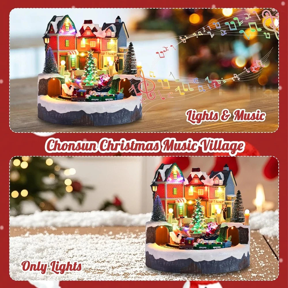 Animated 9″ Christmas Village Train Set with Music & Lights for Holiday Decor