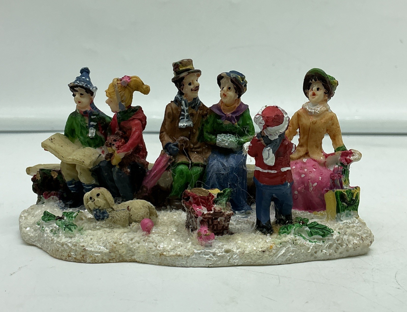 Vintage Christmas Village Children And Family On A Bench Winter Scene