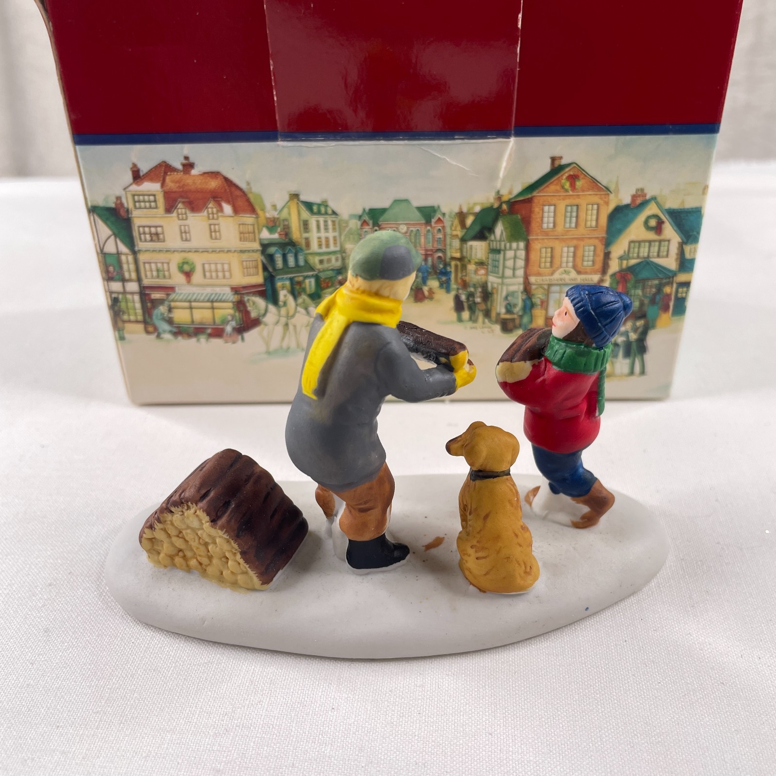 Lemax 1997 Carrying Wood Christmas Village Porcelain Original Box Dog Boy Girl