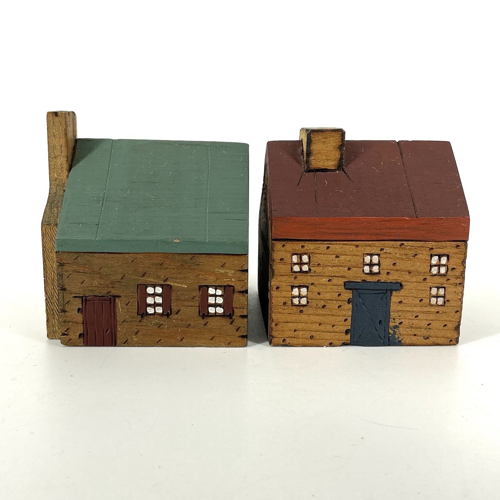 Primitive Wooden Block Houses Village Pyrography Folk Art Miniature Set Of 7