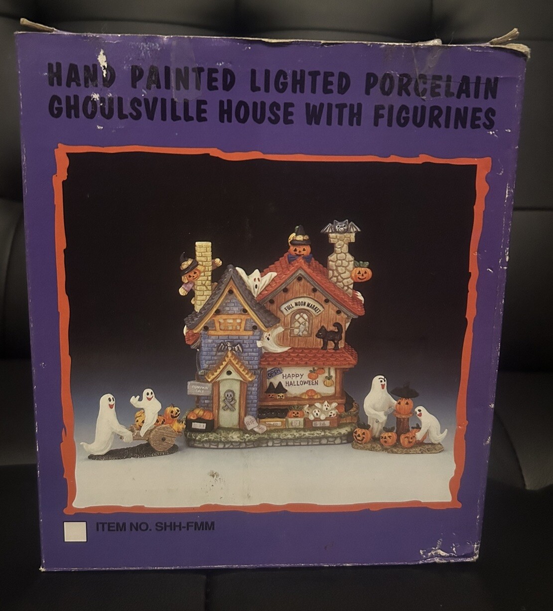 Hand Painted Lighted Porcelain Halloween House Decor 7” With 2 Figurines
