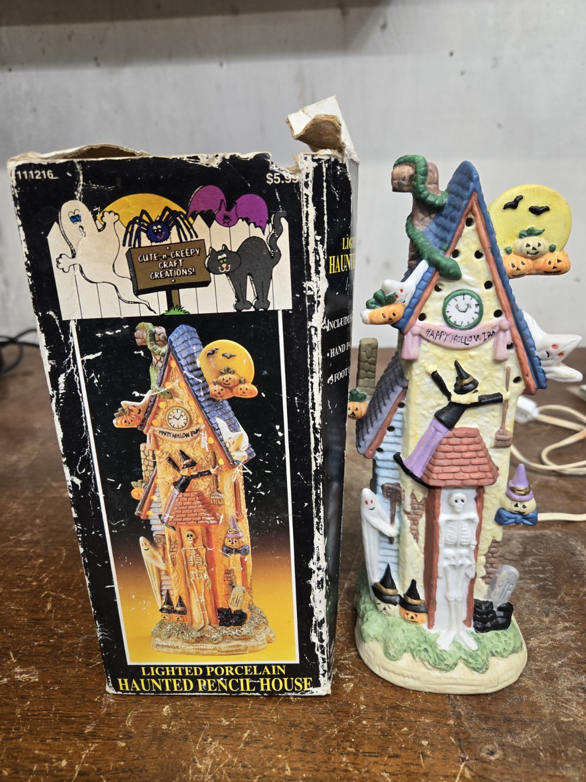 Vintage Lighted Porcelain Haunted Pencil House Halloween Decor w/ Box Works