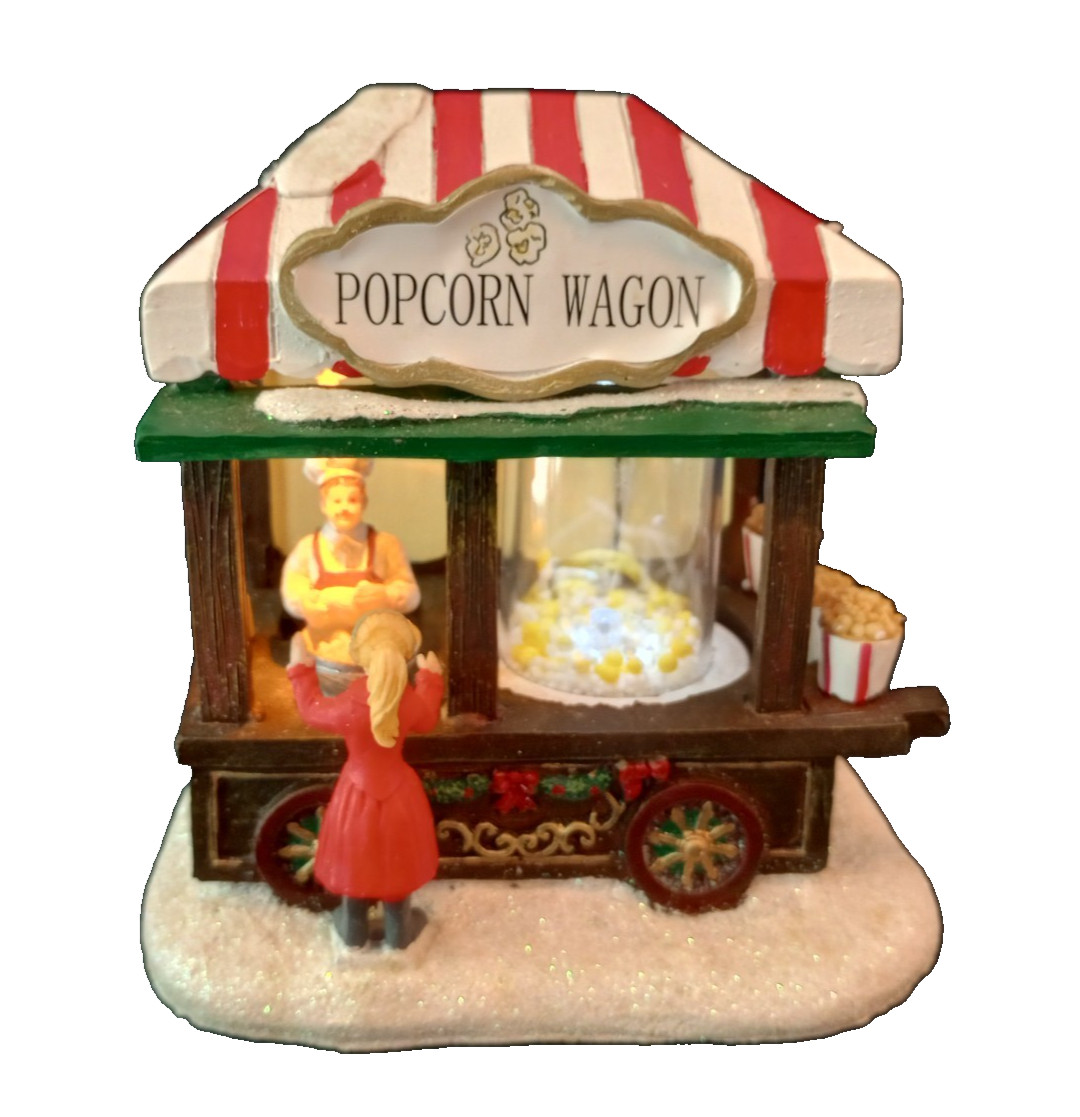 St Nicholas Square Popcorn Wagon w/ Light Moving Popping Corn Christmas Village