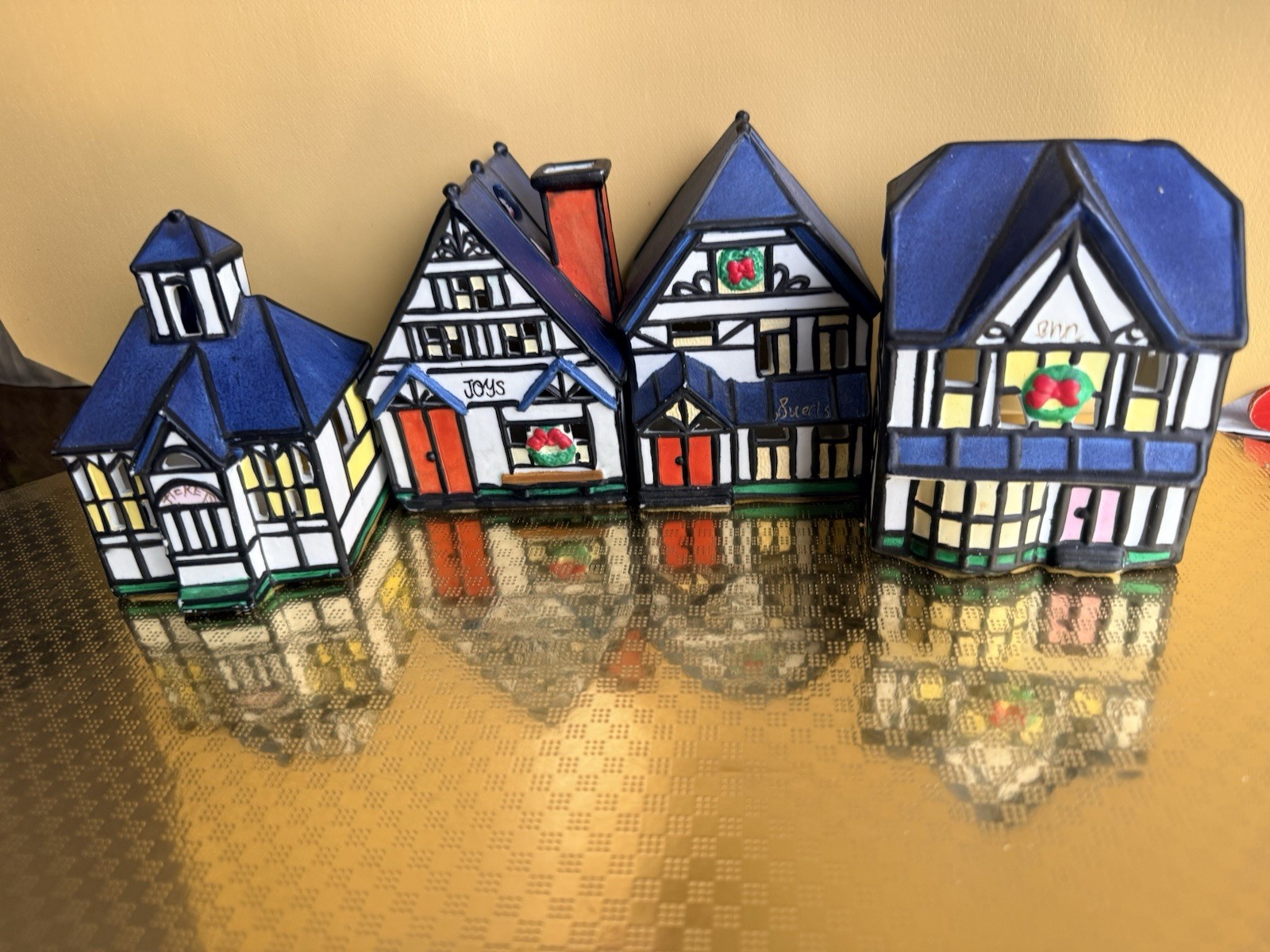 Vintage Porcelain Houses Christmas Collection Stained Glass Appearance Set of 4