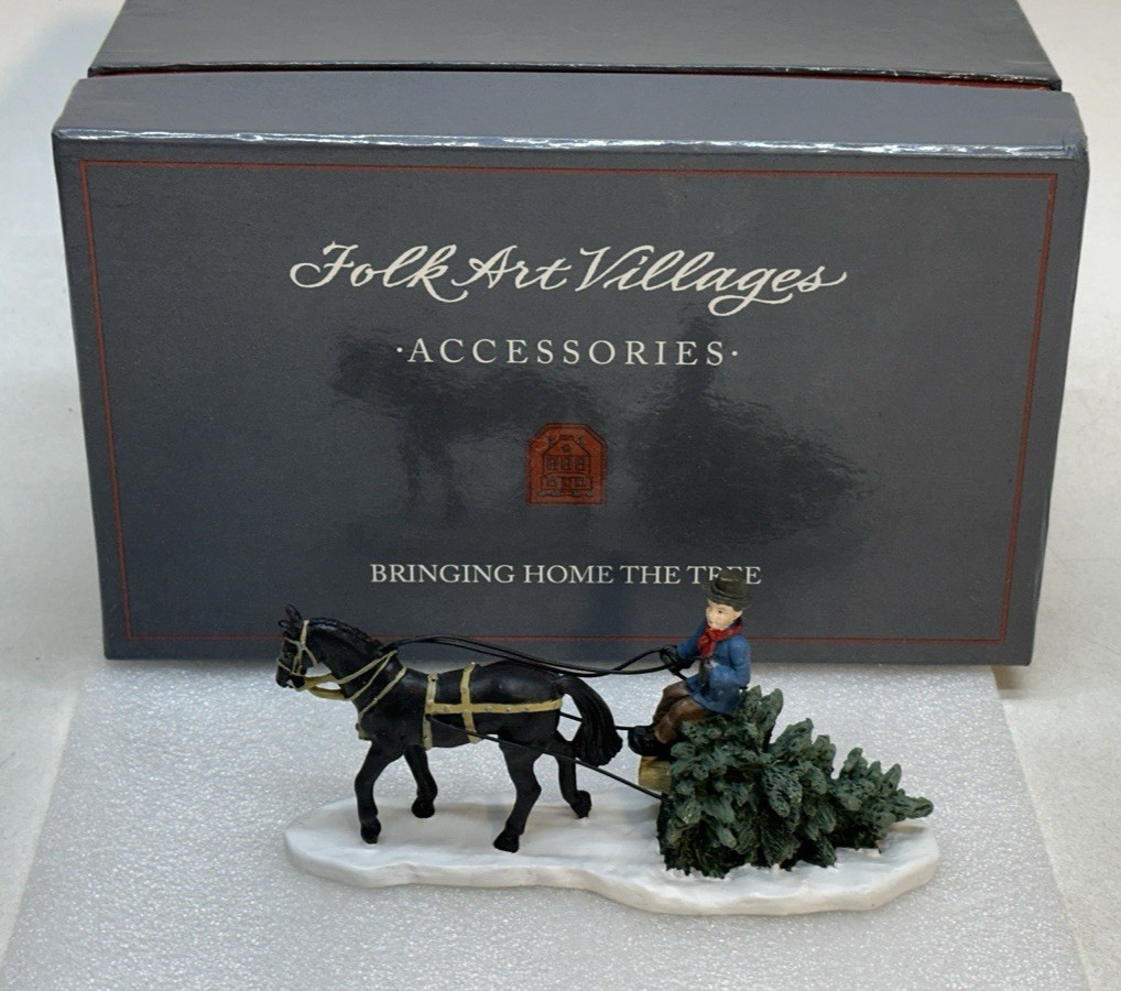 1996 Lang and Wise Horse Pulling a Tree Christmas Bringing Home Folk Art Village