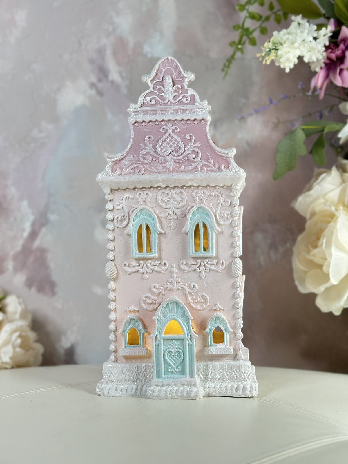 Christmas LED 14”Gingerbread Victorian House W/Beautiful Lace Swirls Frosted NEW