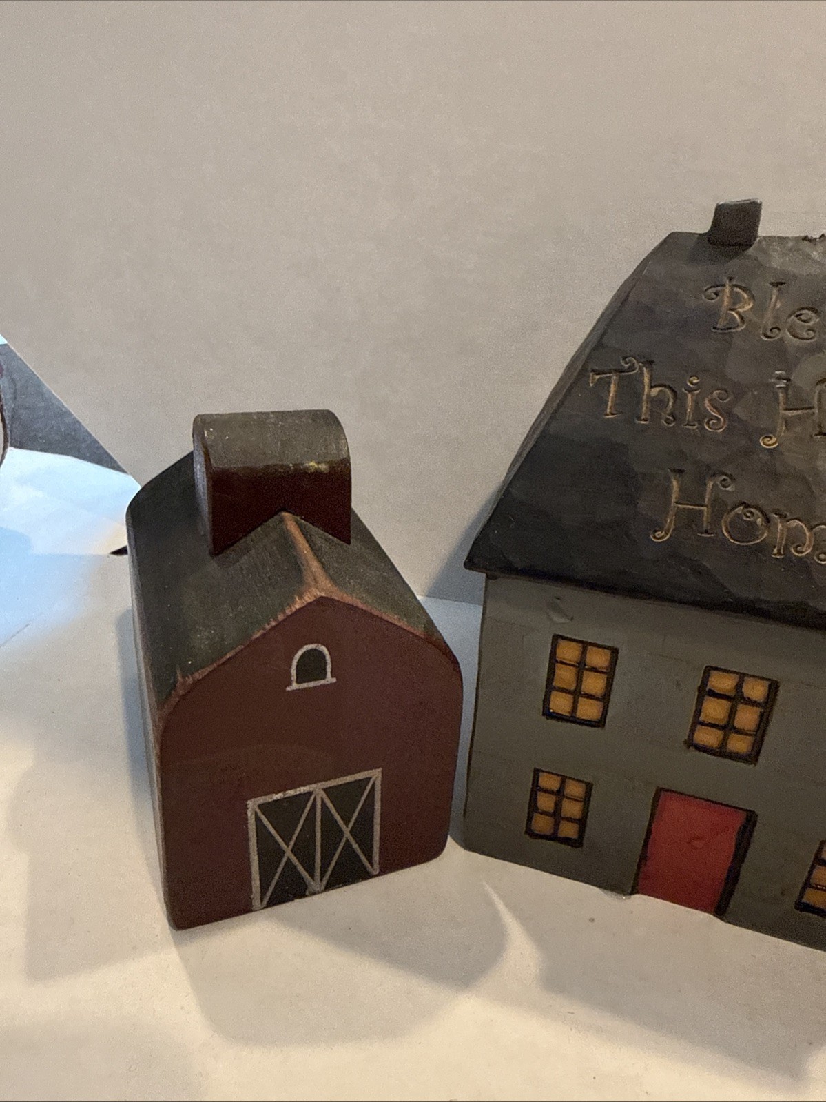 Primitive Folk Art Wood Block Village Houses Barn Set Of 3 Handmade