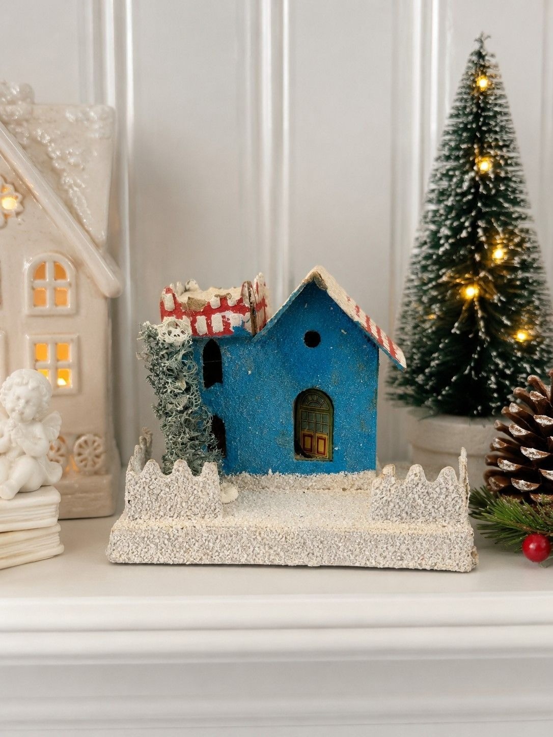 Vintage Christmas Putz House Blue Cottage Bottle Brush Tree Cardboard Japan Styl