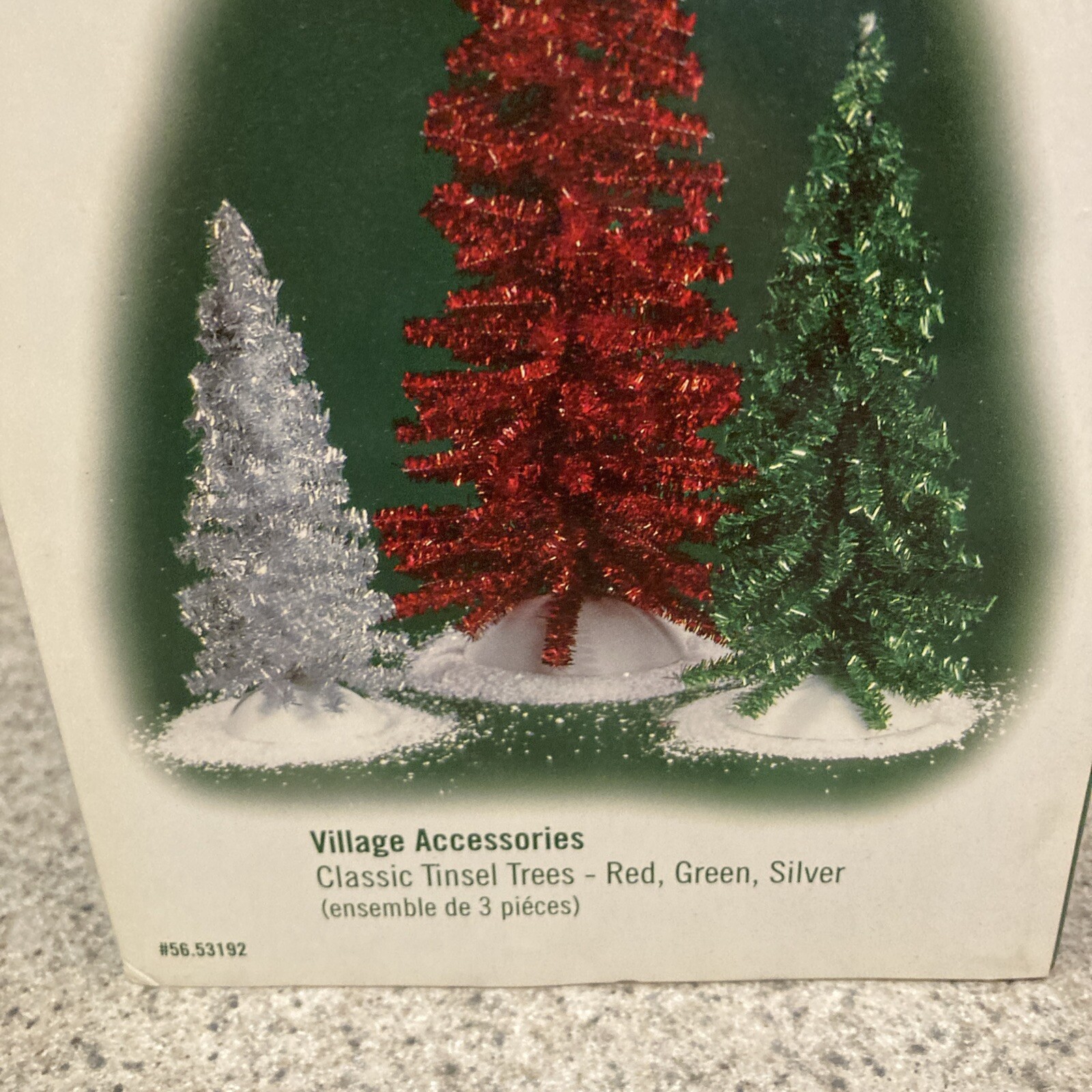 Christmas Village Accessory Classic Tinsel Trees Set of 3 Red Green Silver 53192