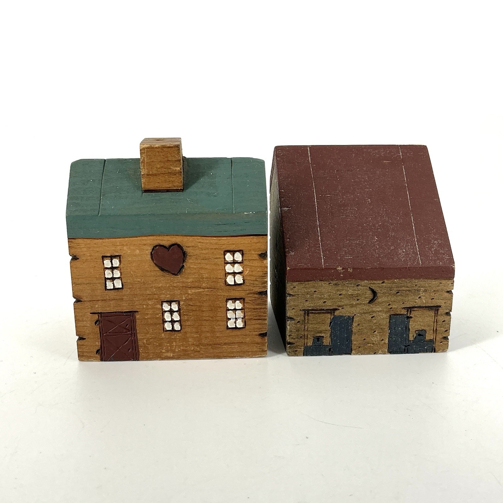 Primitive Wooden Block Houses Village Pyrography Folk Art Miniature Set Of 7
