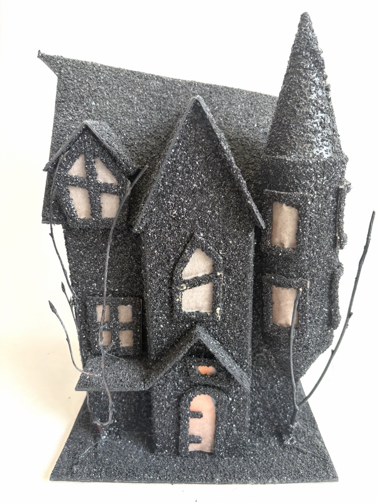 Pottery Barn Spooky Black Glitter Luminary 12”Haunted HOUSE | LARGE TOWER w/Tag