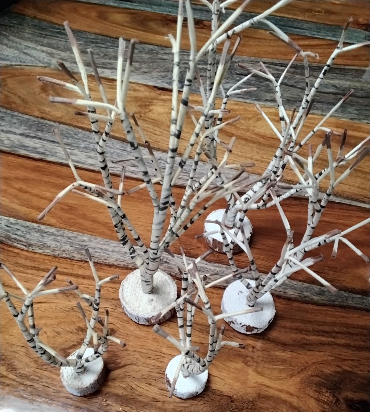 Lemax Lot of 6 Winter Birch Trees With Sturdy Wood Bases Assorted Heights.