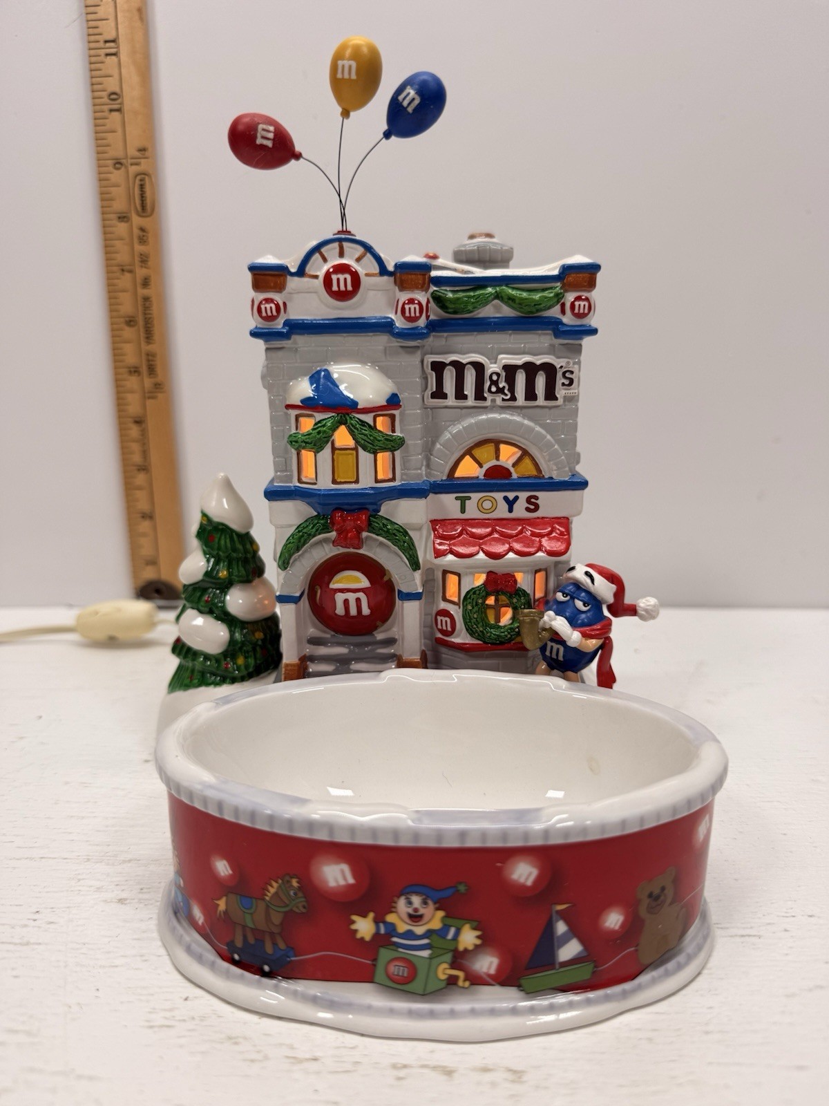 Dept 56 M&M’s Holiday Toy Shop House with Candy Dish: Porcelain Christmas WORKS