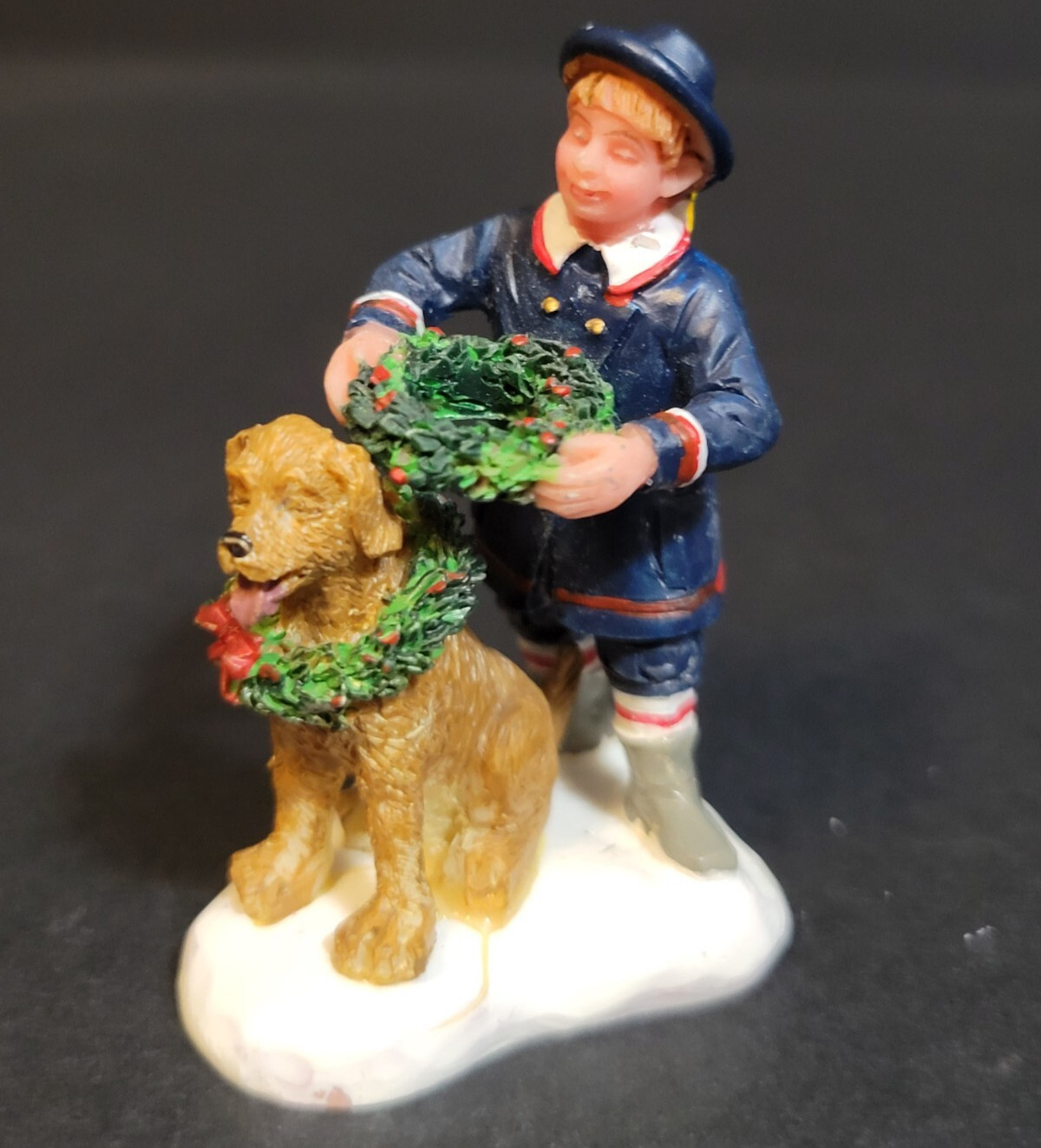 Lemax Christmas Village Town Girl Putting Wreath on Puppy Dog