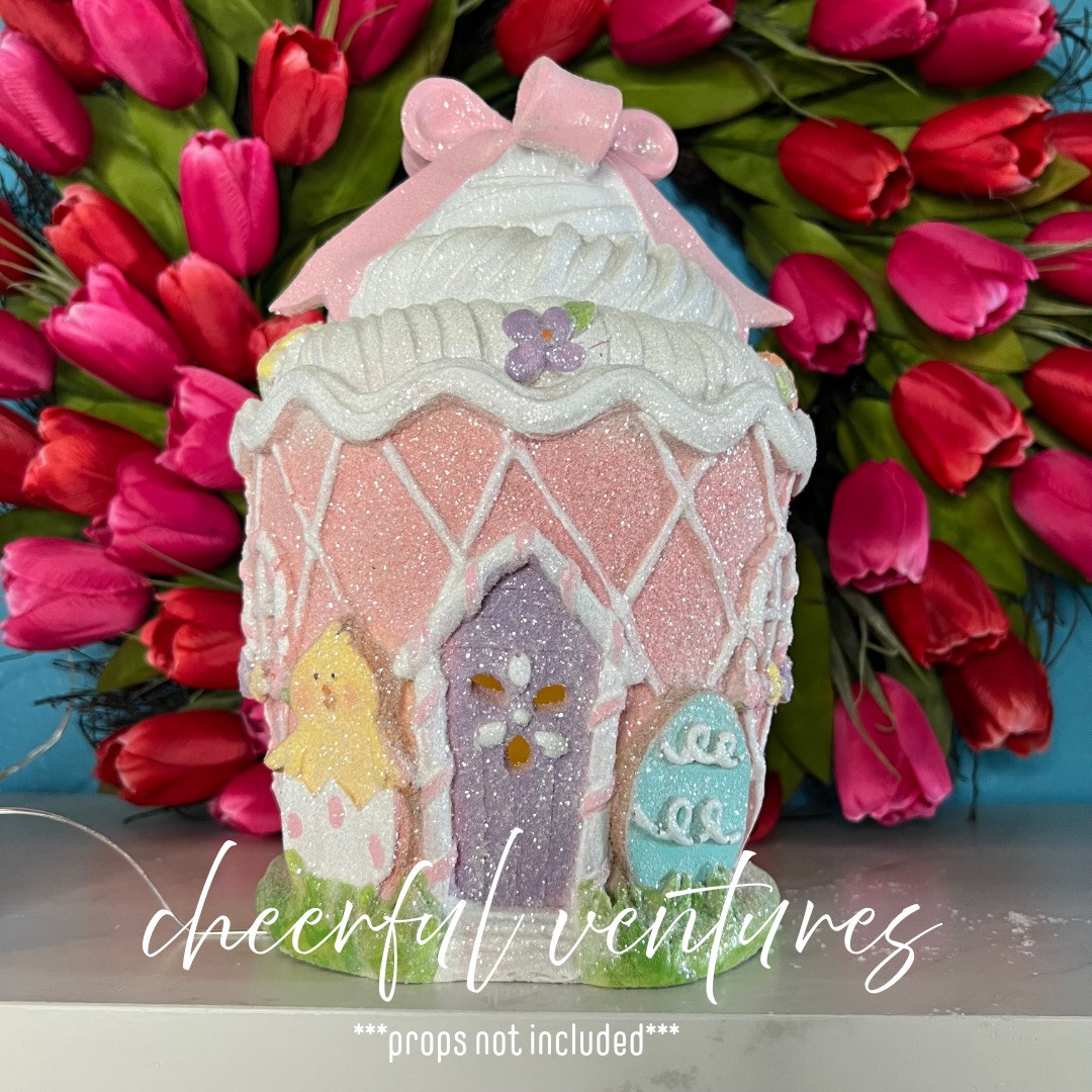 Hatching Chick Easter Egg Pink Bow Resin Glitter Frosted Bow LED Cupcake 10”H
