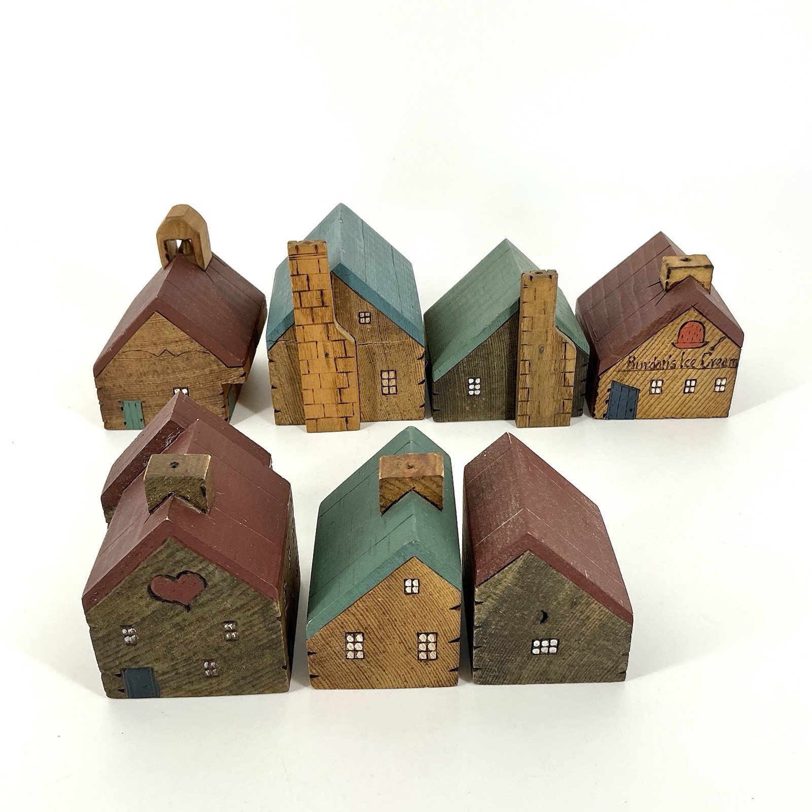Primitive Wooden Block Houses Village Pyrography Folk Art Miniature Set Of 7