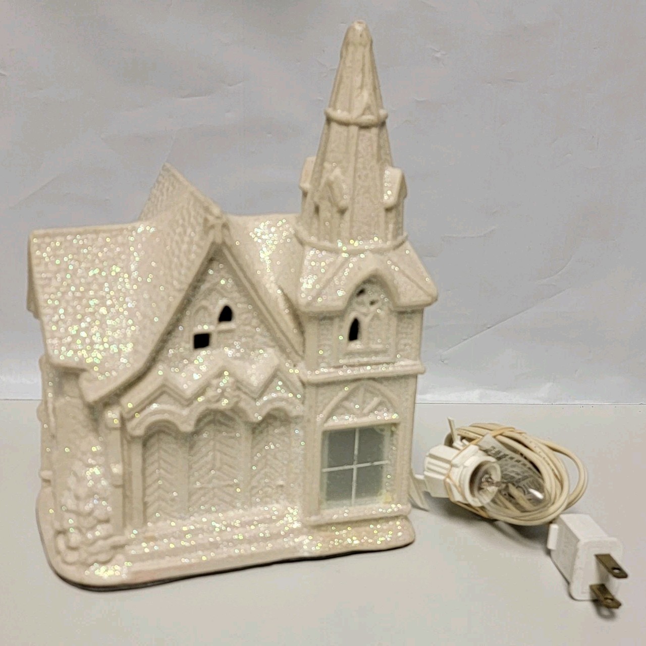 White Glittered Lighted Church 8in Tall W/5.5×3.5 Base