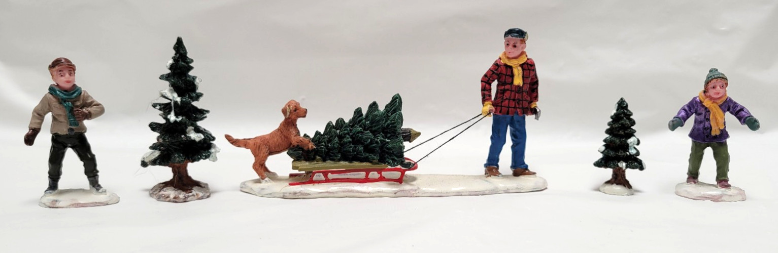 Lemax Set of 5 BRINGING HOME THE CHRISTMAS TREE Resin Figurines #92330 Retired