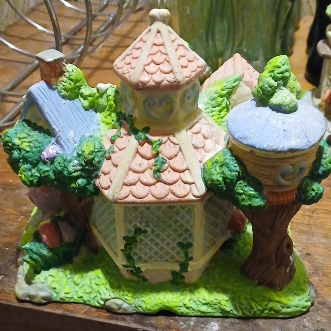 Hand Painted Ceramic & Porcelain Rabbit Village House Figurine, Multicolor