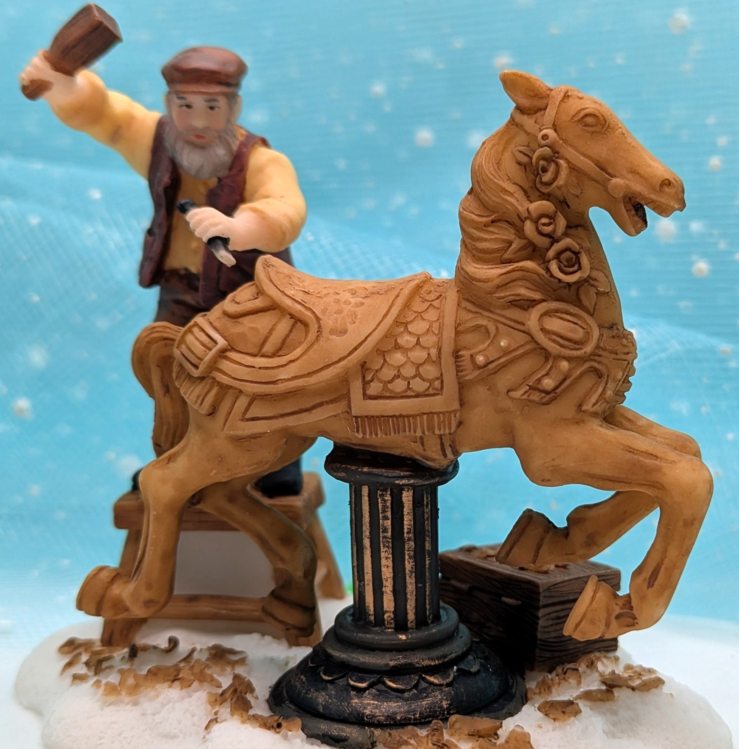 O’Well wood carver carousel horse Christmas Village Figurine partial pkg. INV561