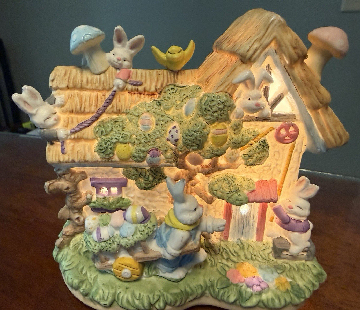 Illuminated Bunny Cottage House, Painted Ceramic & Porcelain Seasonal Village