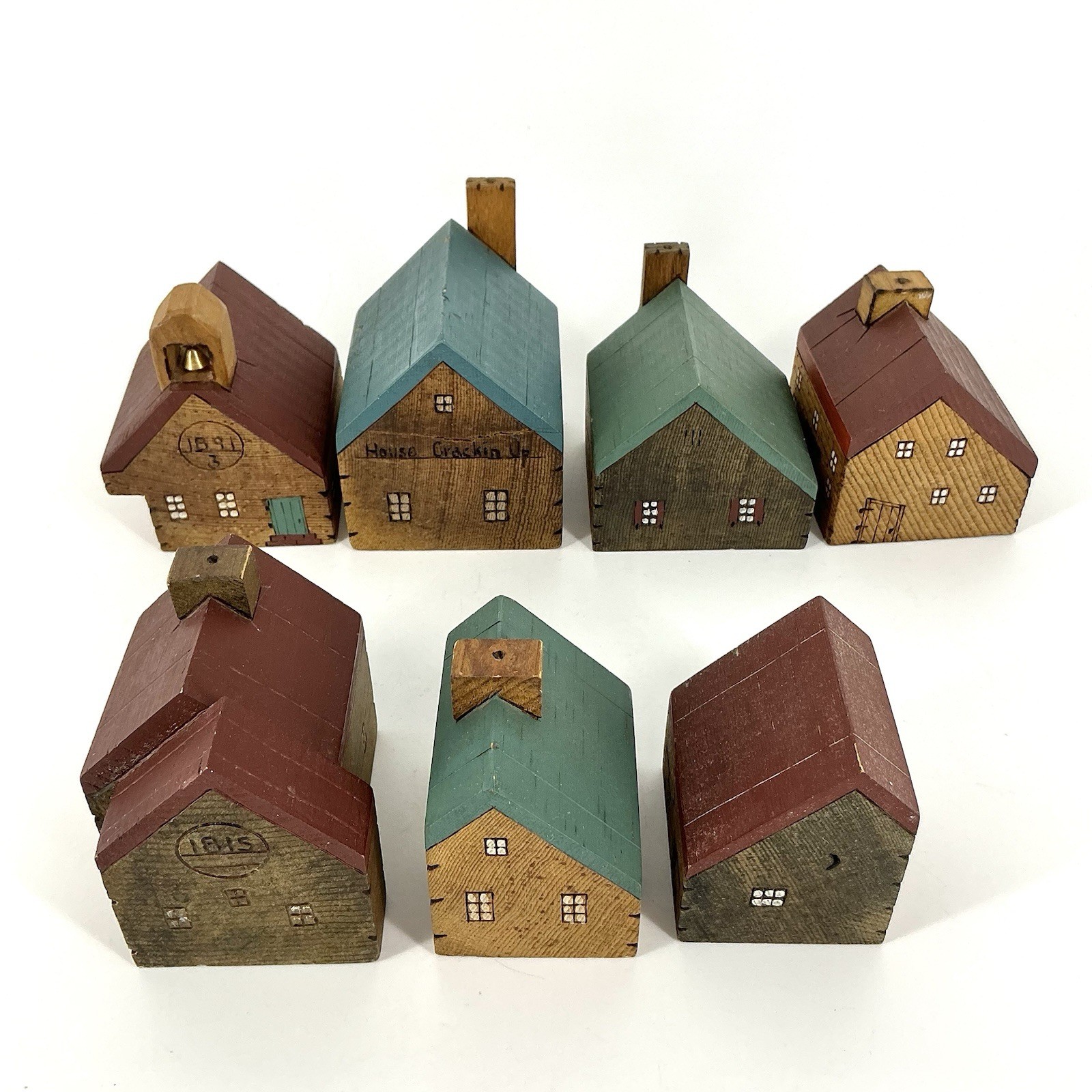 Primitive Wooden Block Houses Village Pyrography Folk Art Miniature Set Of 7