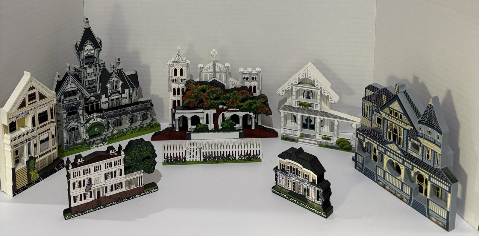 SHELIAH’S COLLECTIBLES PAINTED WOODEN VICTORIAN HOUSES~CHURCH~LOT OF 8 PIECES