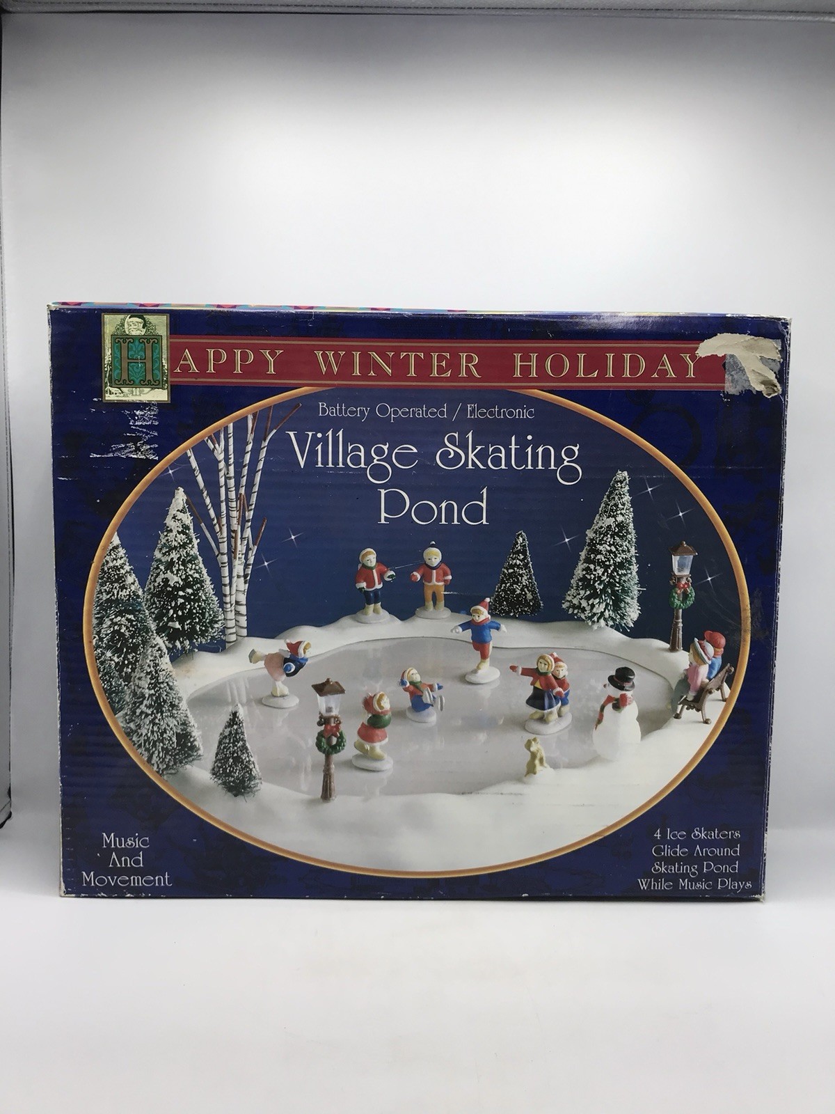 Vintage Happy Winter Holiday Village Skating Pond Musical Works And Complete