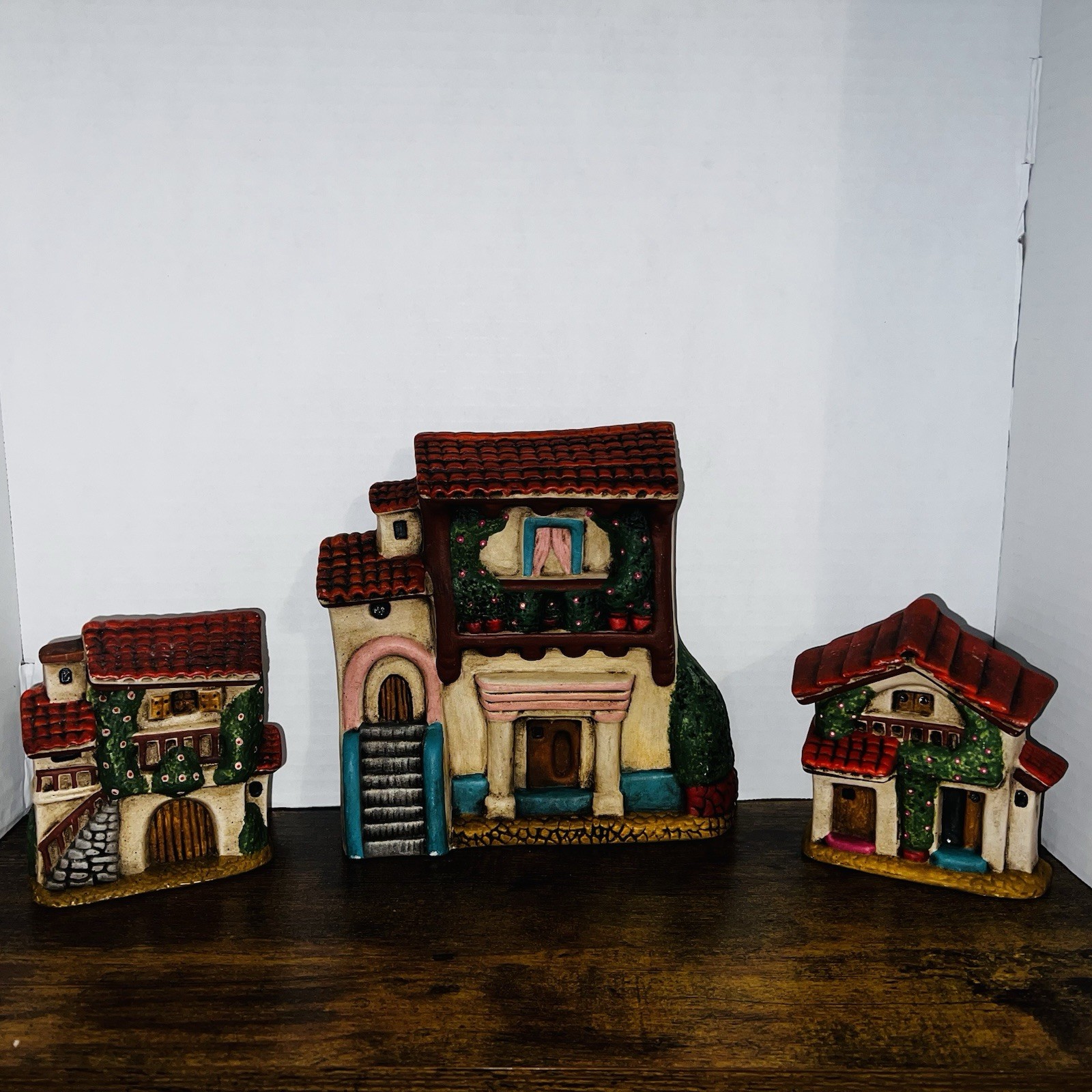 Lot of 3 Hand Painted Ceramic Italian Village Houses Red Roof Balcony Flowers