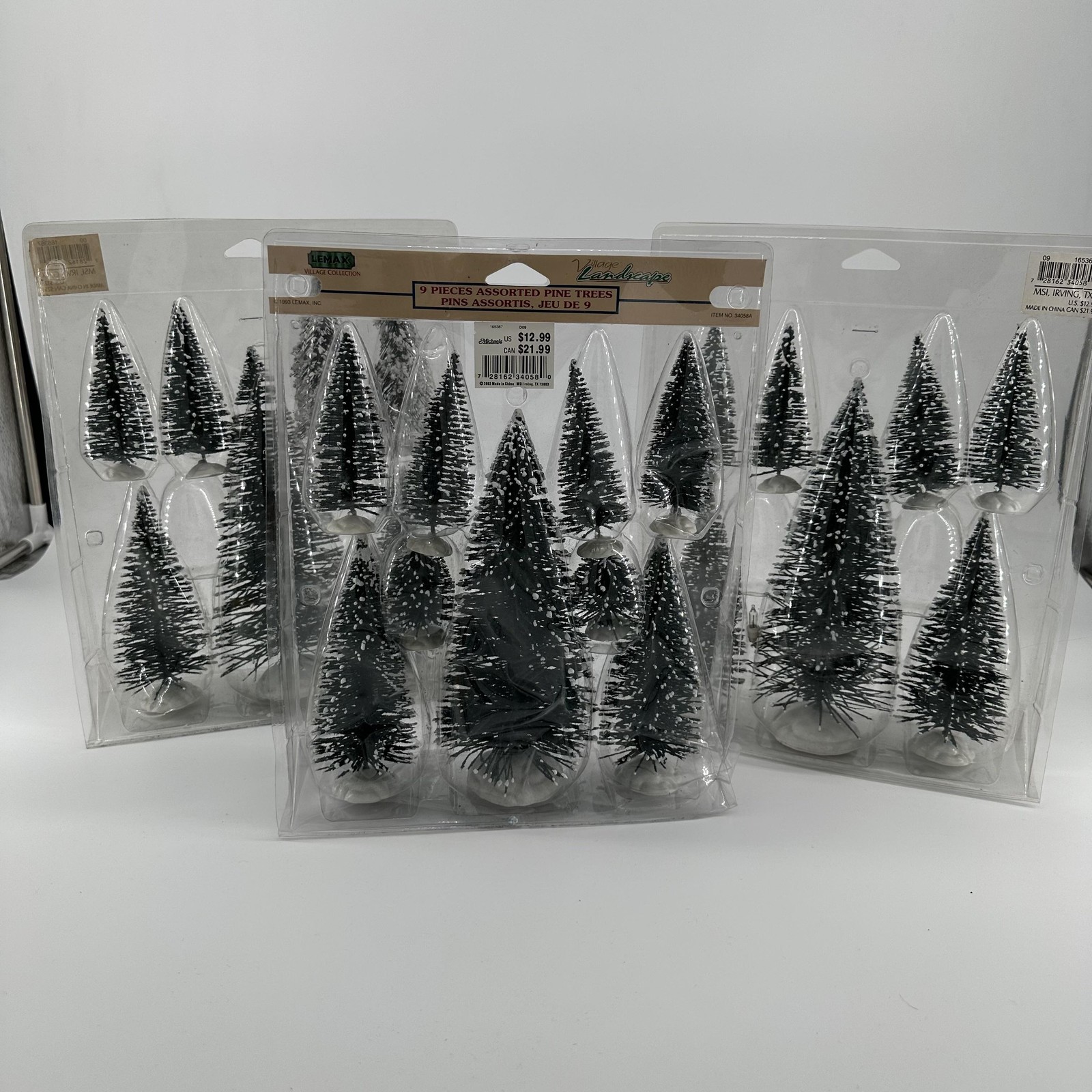 Vintage Lemax Village Pine Trees Lot 3 Packs 9pc Snow Flocked Christmas Scenery