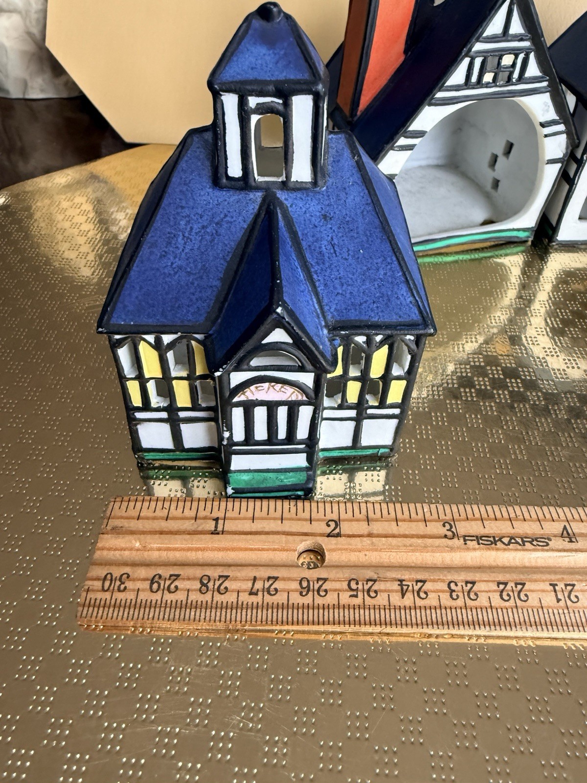 Vintage Porcelain Houses Christmas Collection Stained Glass Appearance Set of 4