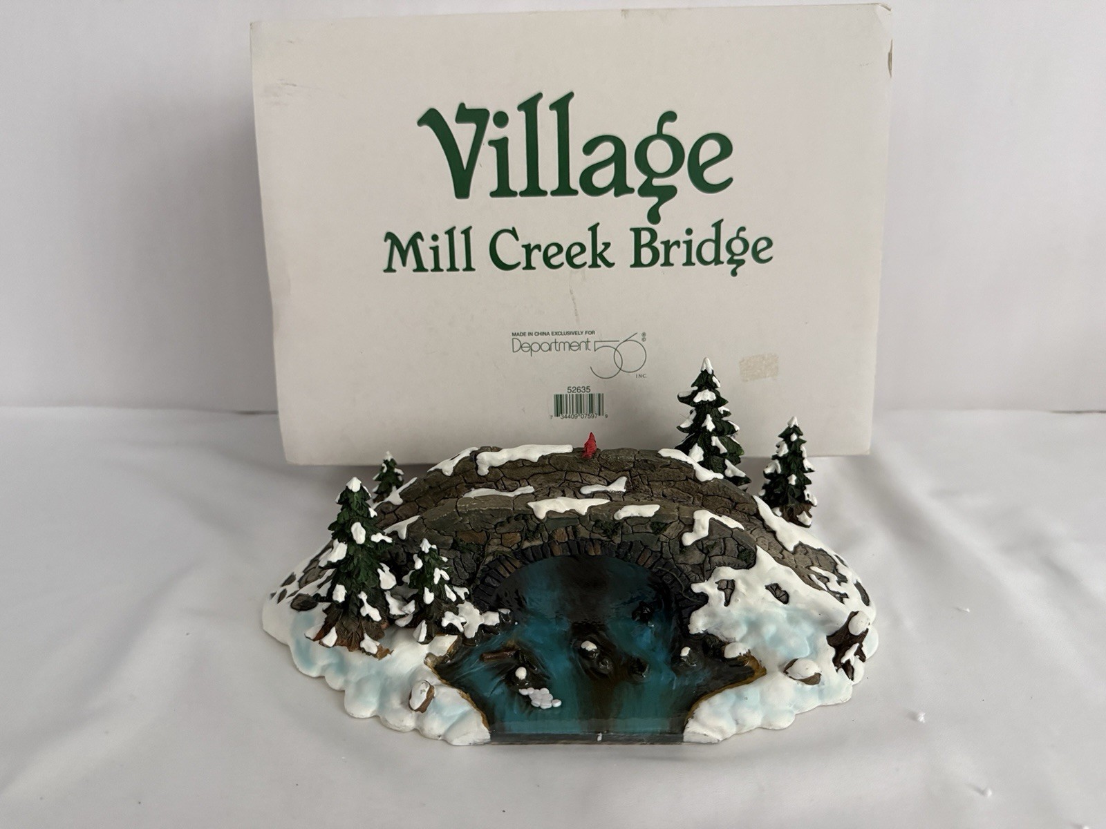 Dept 56 – Village Mill Creek Bridge Trees Cardinal Stream Retired 52635