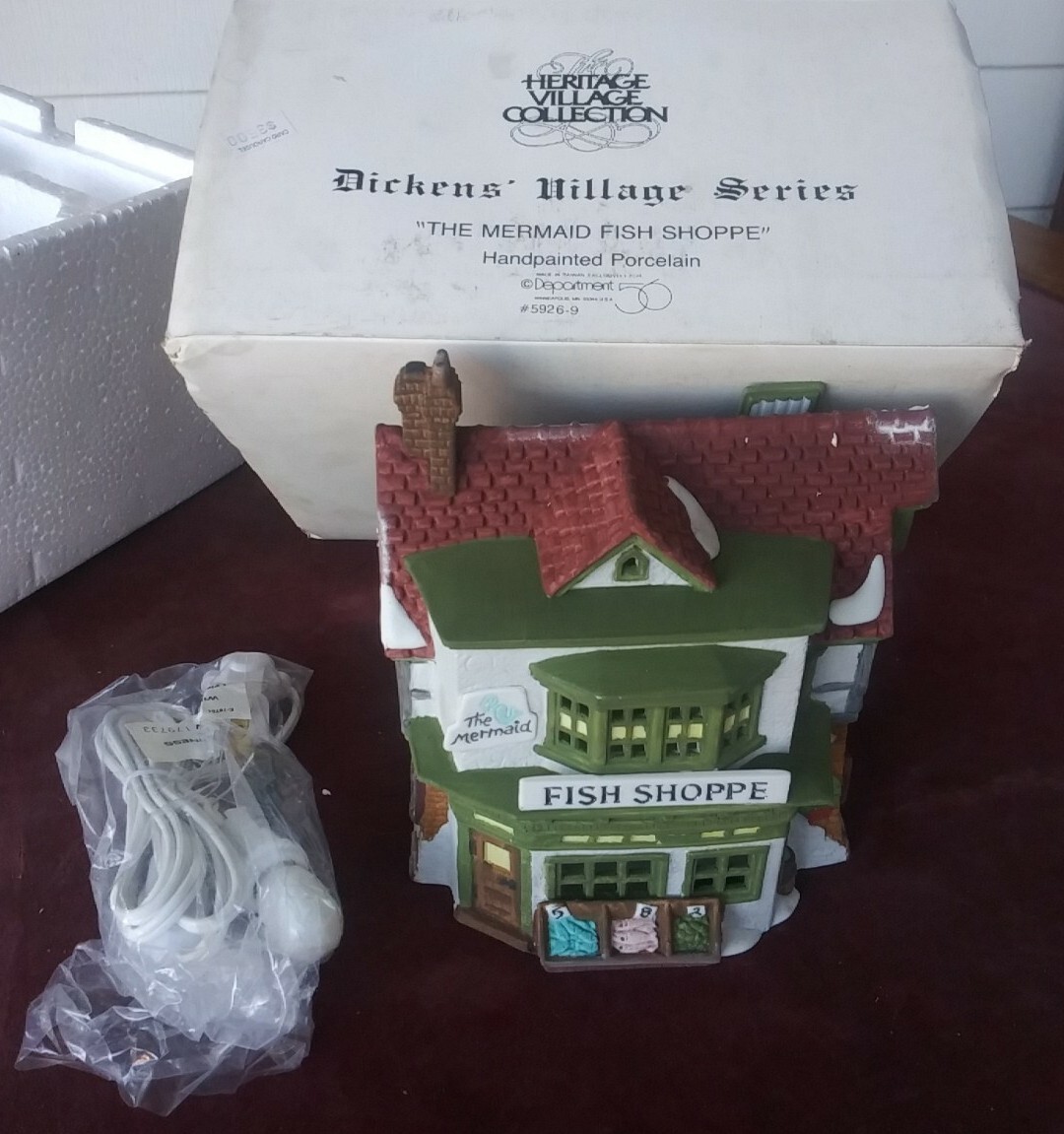 Vintage Dept 56 Dickens Village Series The Mermaid Fish Shoppe, Market Food