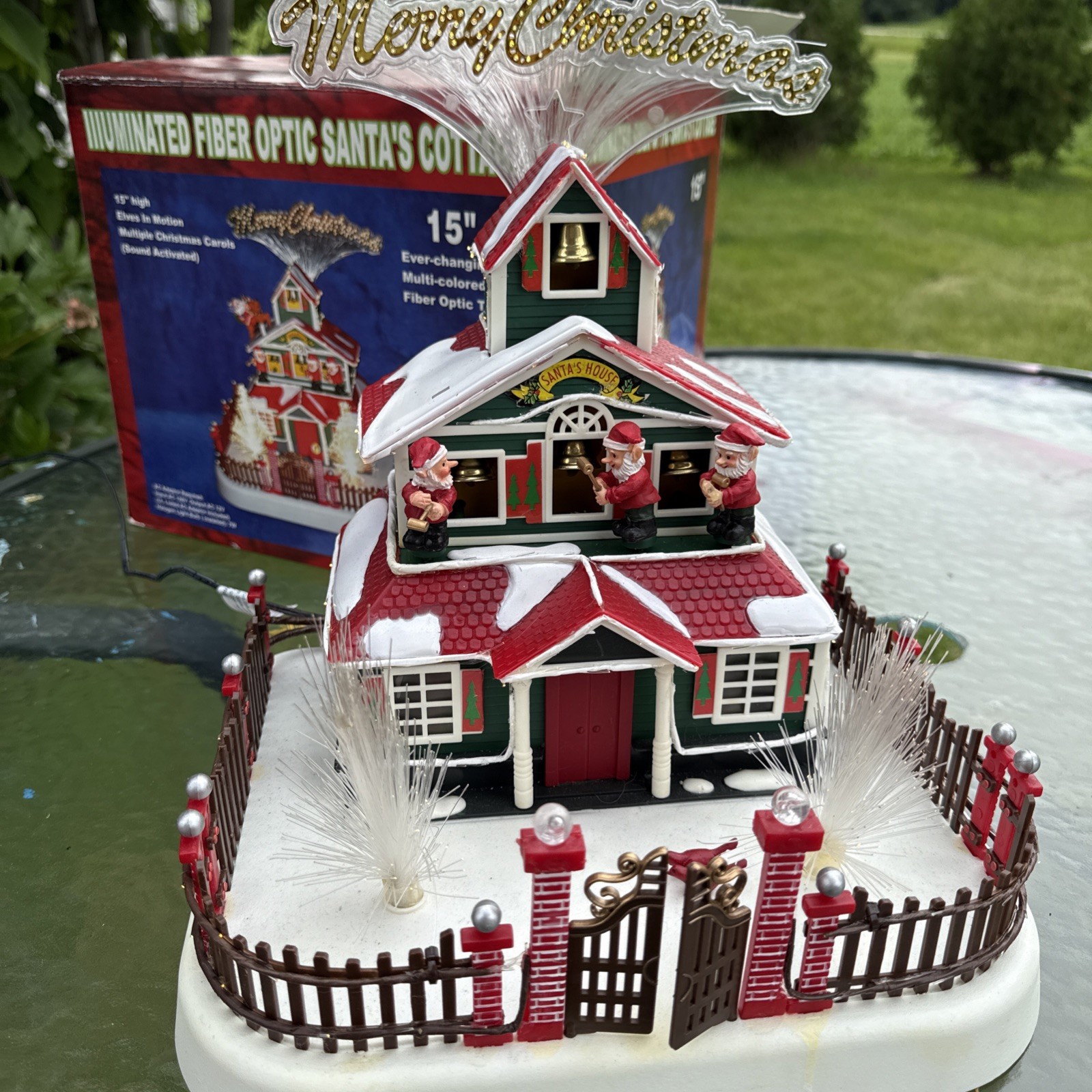 Fiber Optic Christmas Decor Santa Workshop House Village Elf W Bells Music Light